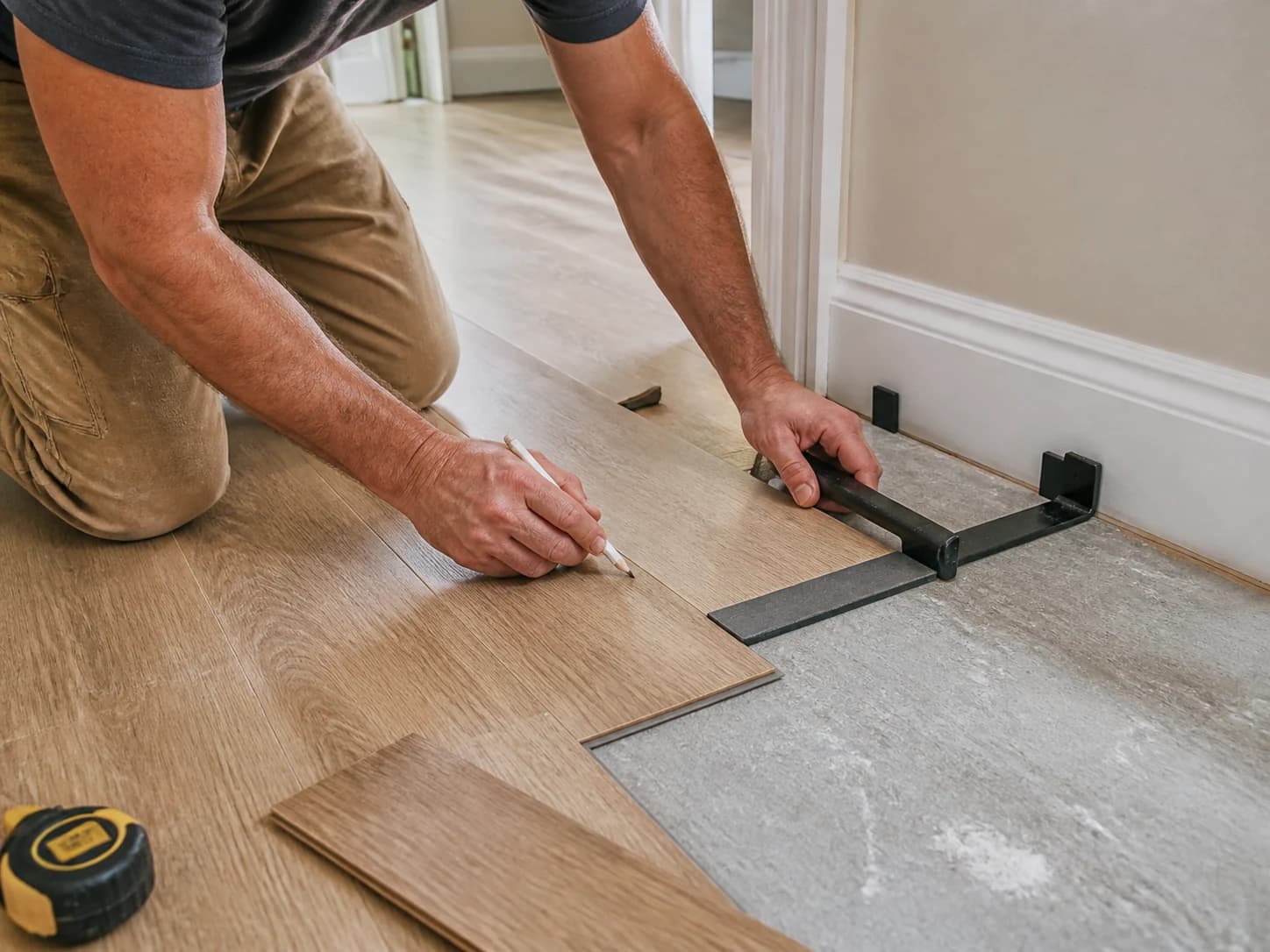 Representative close-up of a professional fitting light-oak LVP flooring with practical hand tools.