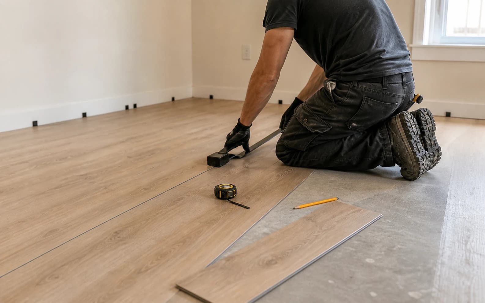 Representative image of a property maintenance professional installing light-oak LVP flooring in an apartment.