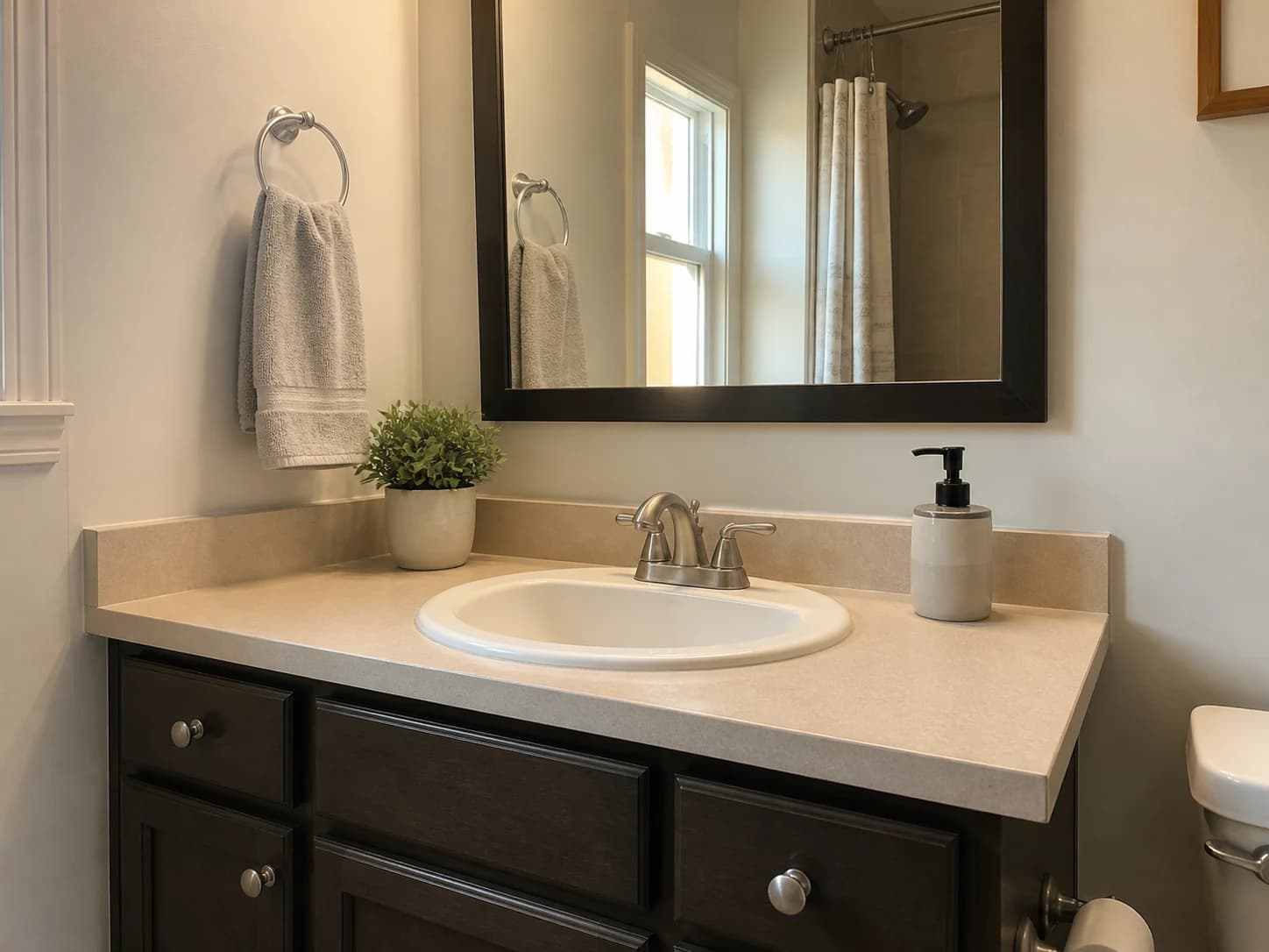 Representative image of a clean, practical bathroom vanity with repaired finishes and aligned hardware.