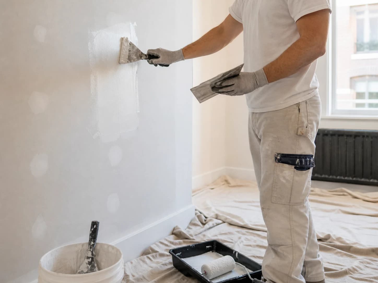 Representative image of professional wall preparation and drywall finishing in an apartment.