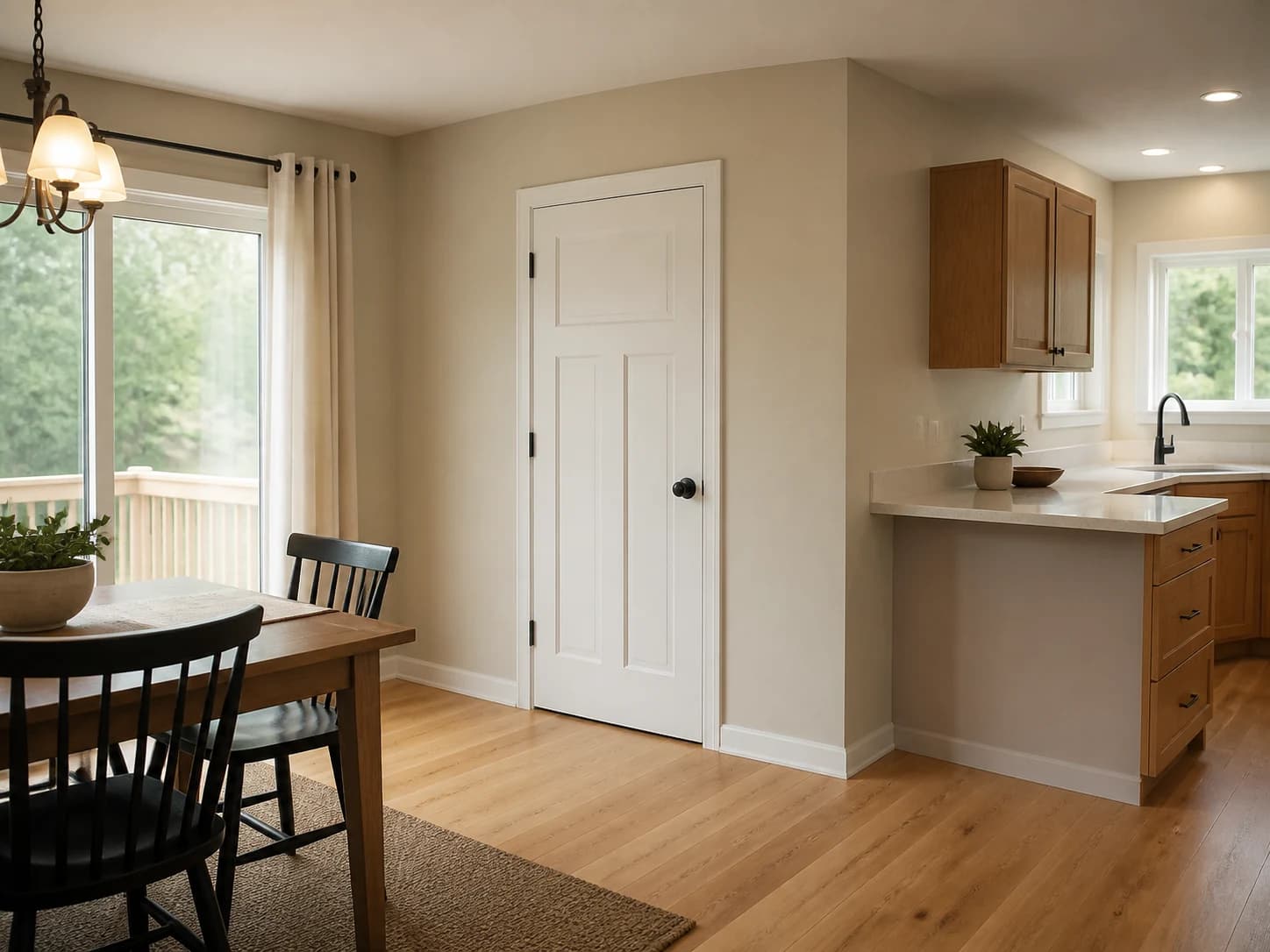 Representative image of a finished practical interior improvement with coordinated flooring, trim, doors, paint, and fixtures.
